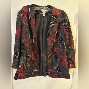 Vintage Chico’s black, white and red tapestry Jacket. Sz 0 (Size small)